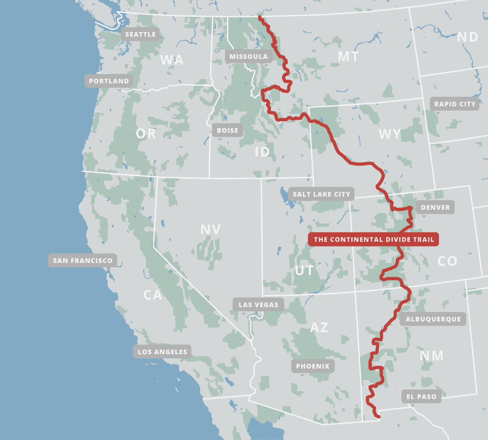 A map showing the continental divide trail